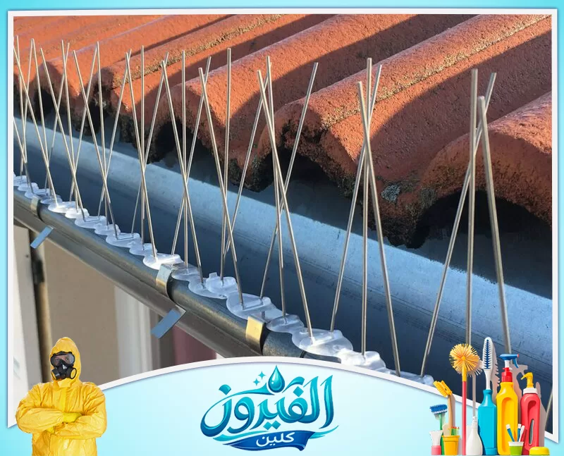 التخلص من عش الحمام بالجبيل 0562185880 شركة الفيروز أشواك معدنية طاردة للطيور مثبتة على مجرى الأمطار أسفل قرميد السقف، لمنع الحمام من الاستيطان وحماية المبنى من الأوساخ.