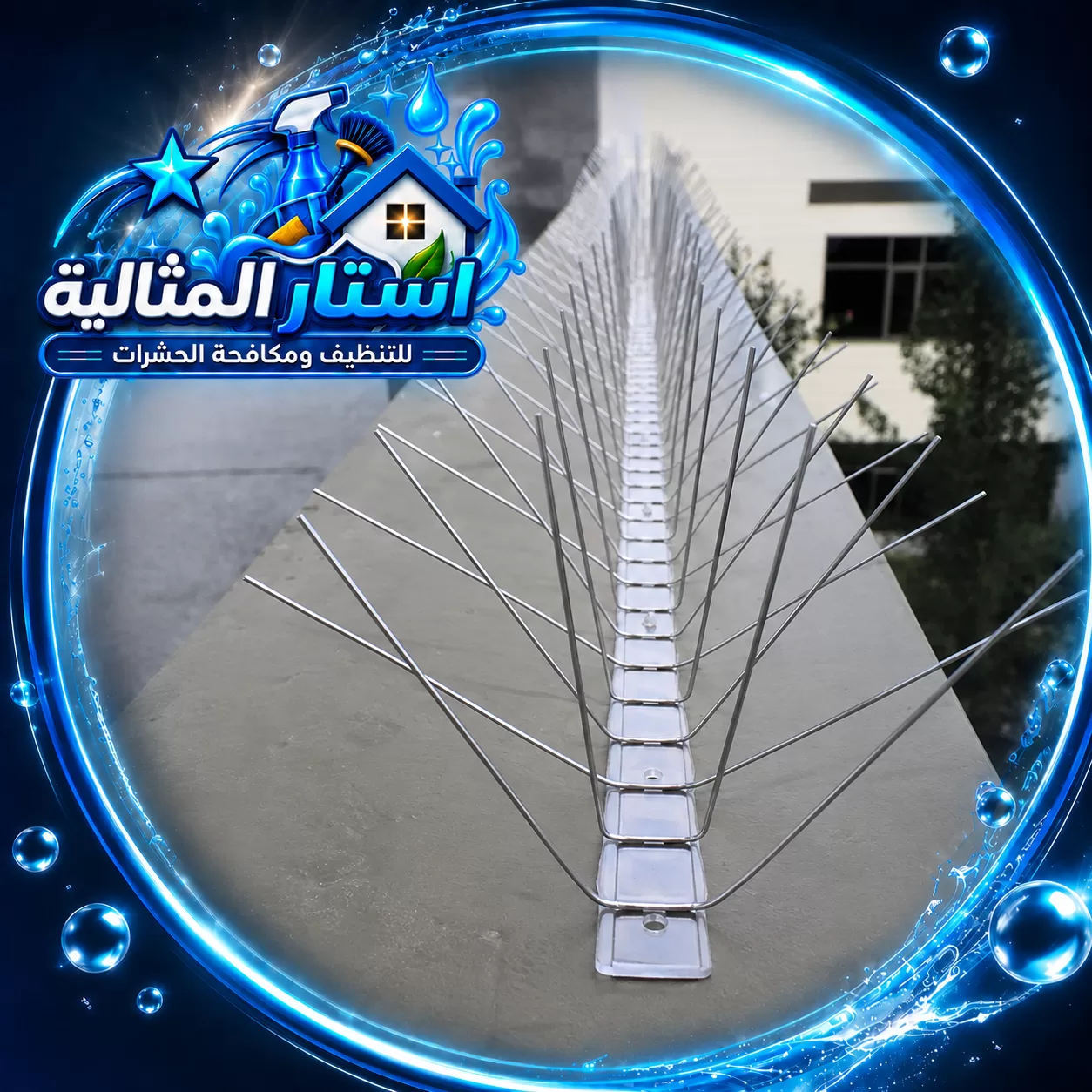 تُظهر اللقطة صفوف أشواك معدنية مثبتة بانتظام فوق حافة جدار خارجي. 