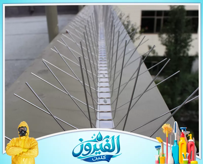 تركيب جهاز طارد الحمام برأس تنورة 0562185880 شركة الفيروز صف من الأشواك المعدنية لطرد الطيور مثبت على حافة سور خرساني، يمتد على طول الحافة ويظهر جزء من واجهة مبنى خلفه.