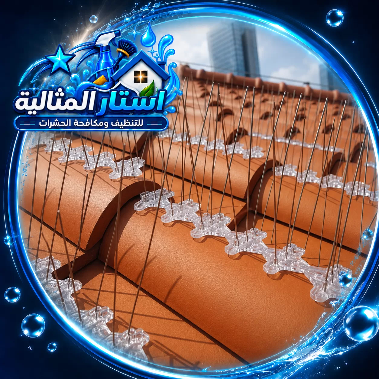 صفوف من أشواك طرد الحمام مثبتة على قرميد السطح بقواعد شفافة متتابعة 