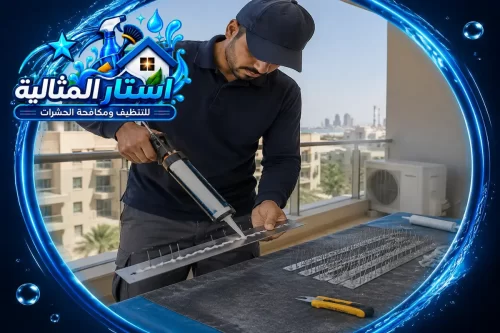فني يضع مادة تثبيت على قاعدة شريط الأشواك فوق سطح عمل منظم