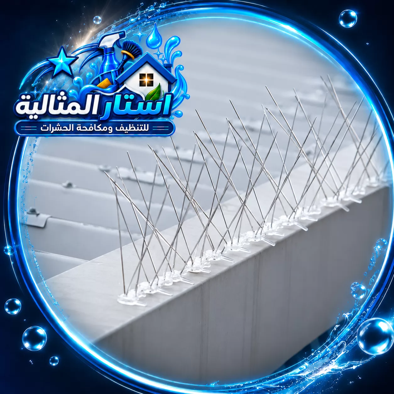 صفوف أشواك معدنية مثبتة على حافة بيضاء خارج نافذة