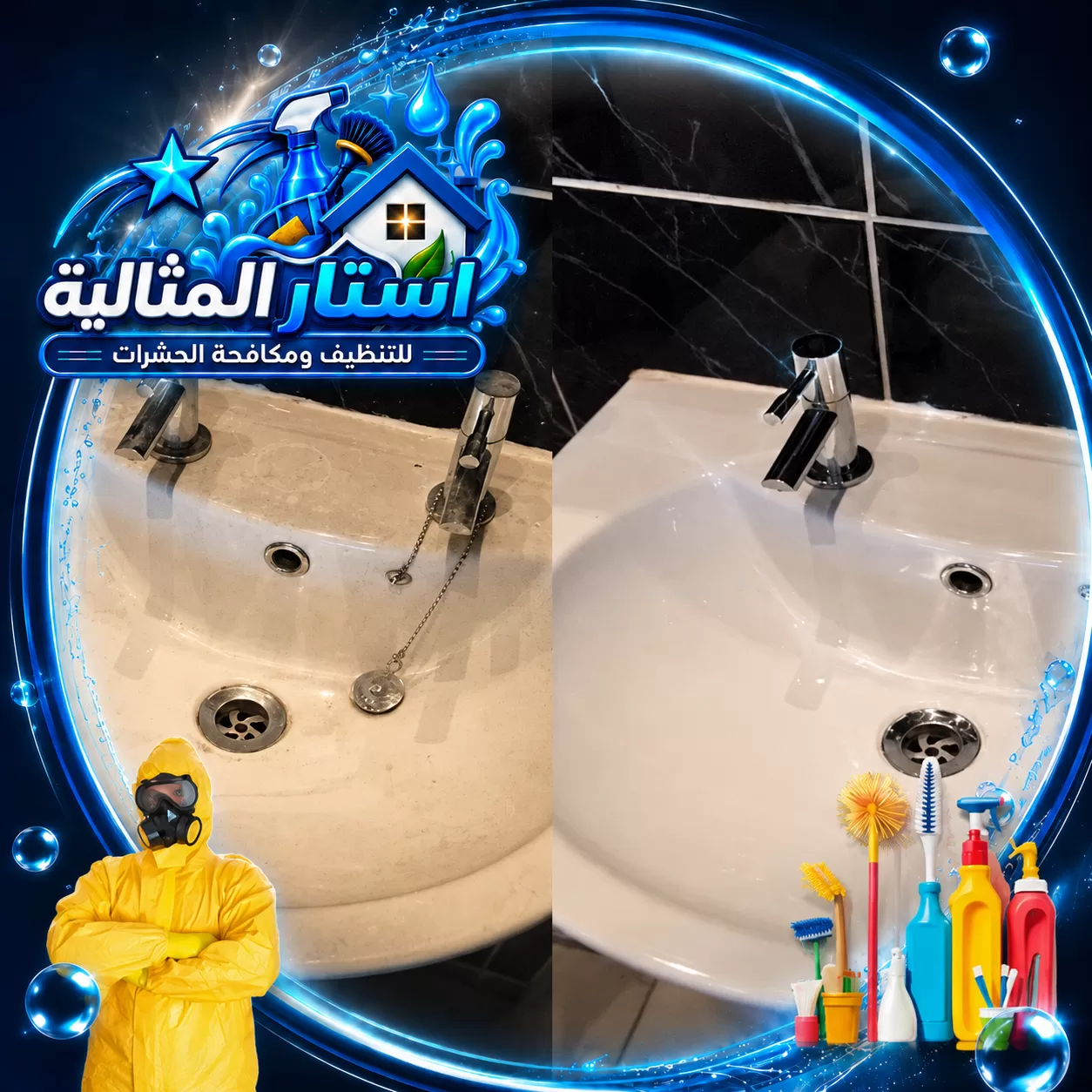 إزالة الرواسب والأوساخ من المغسلة ضمن أعمال تنظيف الحمامات للحفاظ على لمعان الأسطح.