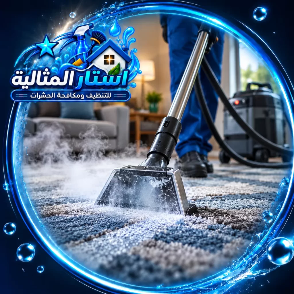 ينظف الفني السجاد داخل المنزل باستخدام معدات مخصصة ثم يجفف الألياف للحد من الروائح والرطوبة العالقة.