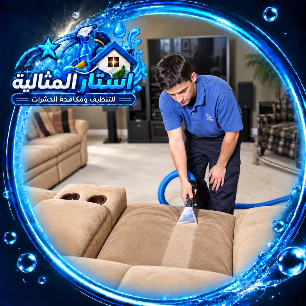 استار المثالية | لغسيل الكنب بالبخار بالقطيف فني يستخدم جهاز شفط وتنظيف على كنبة بيج داخل غرفة معيشة ضمن خدمات شركة تنظيف كنب بالقطيف لإزالة الأوساخ والرطوبة من نسيج الأثاث.