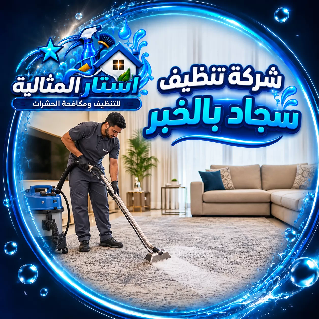 يستخدم الفني جهاز البخار لتنظيف السجاد بعمق مع سحب الأوساخ والرطوبة وترك الألياف نظيفة ومرتبة دائمًا