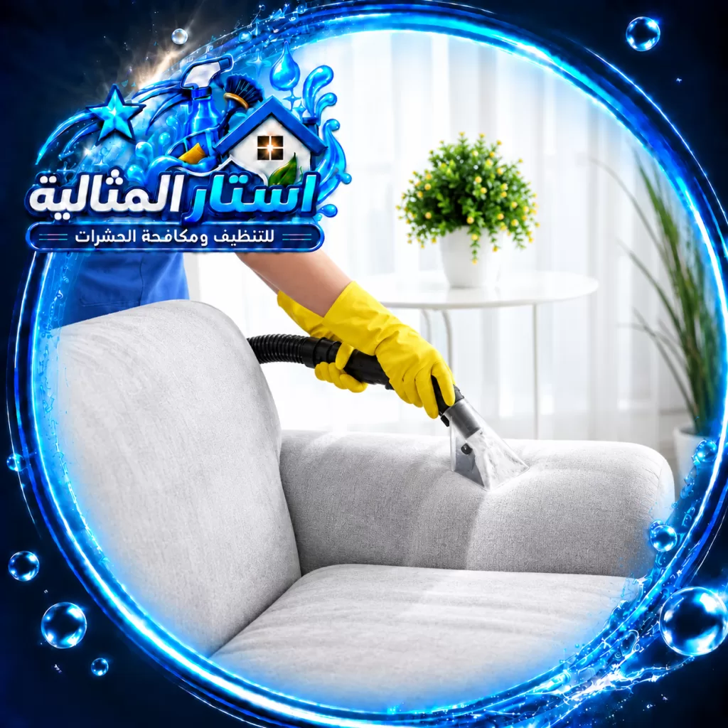 أفضل شركة تنظيف كنب | استار المثالية فني يعالج سطح كنبة قماشية باستخدام جهاز تنظيف واستخلاص مخصص ضمن خدمات شركة تنظيف كنب بالقطيف، مع التركيز على تنظيف المقعد بعمق وتحسين مظهر القماش بعد الاستخدام المتكرر.