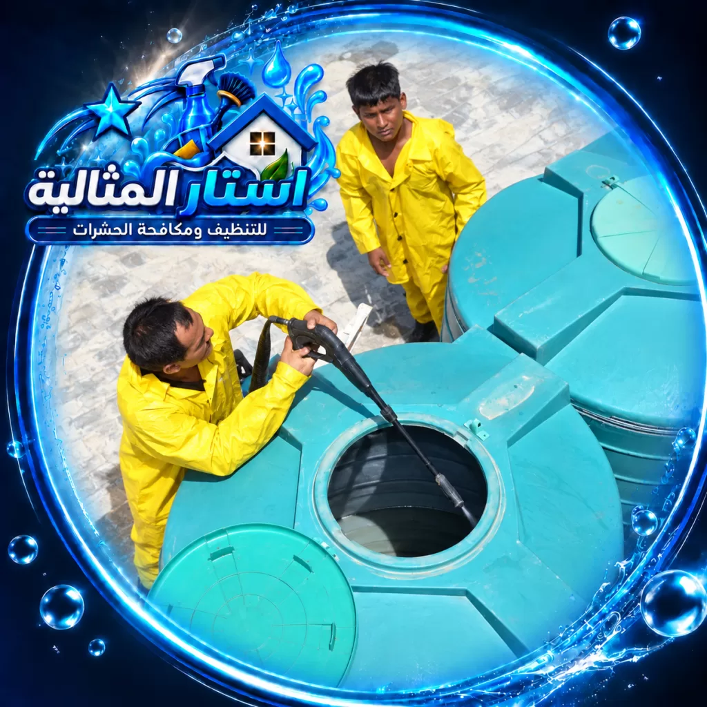 ينفذ الفني تنظيف الخزانات، ويعمل على إزالة الأوساخ والرواسب وتعقيم الأسطح للحفاظ على جودة المياه جيد