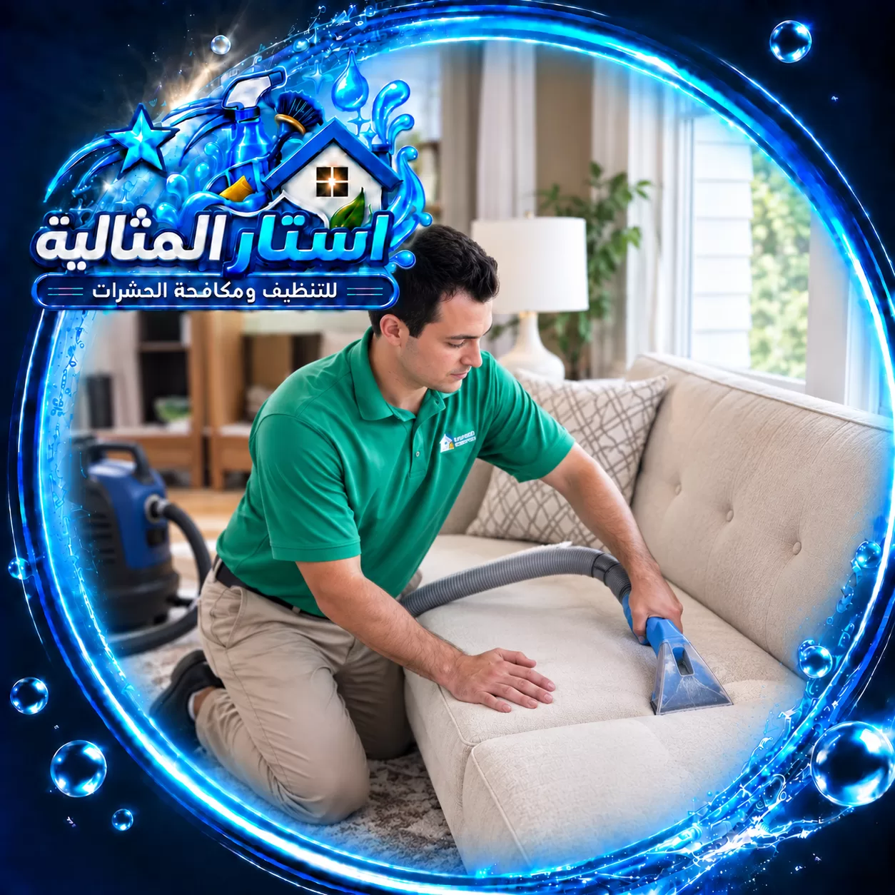 شركة تنظيف كنب بالدمام 2 فني ينفذ تنظيف كنب باستخدام جهاز شفط متخصص لإزالة الأوساخ والحفاظ على نظافة المفروشات.