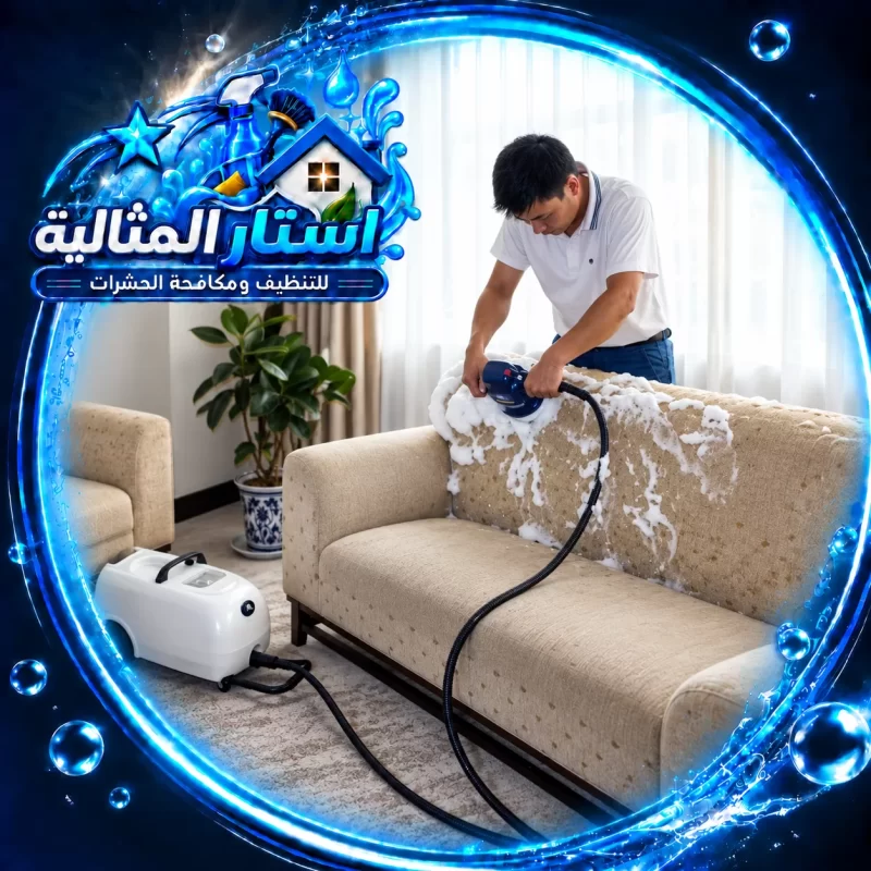 فني ينفذ تنظيف كنب بالظهران باستخدام أجهزة متخصصة لإزالة البقع والرواسب والحفاظ على نظافة الأثاث.
