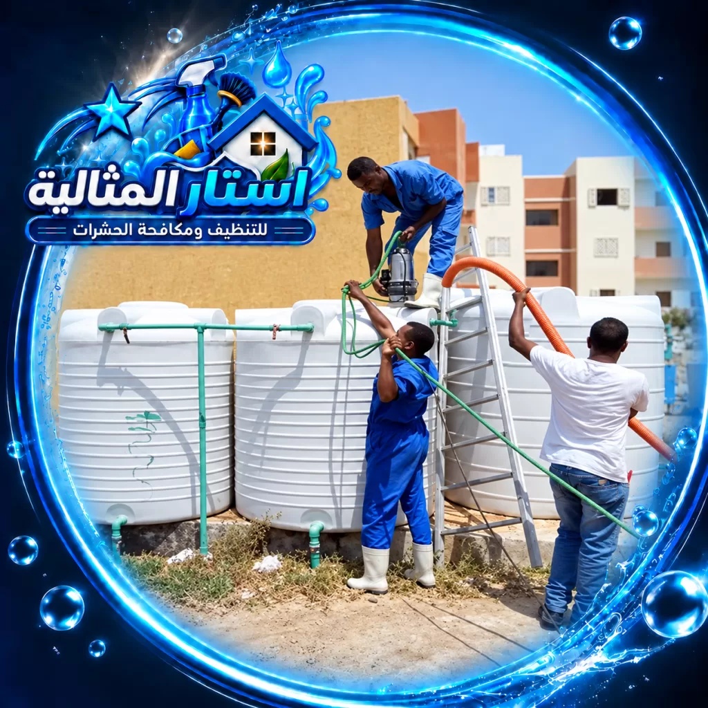فريق متخصص أثناء تنظيف خزانات المياه بالظهران وإزالة الرواسب للحفاظ على جودة المياه ونظافة الخزان.