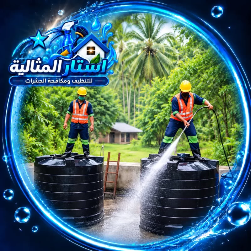 فنيون ينفذون تنظيف خزانات بالجبيل باستخدام ضغط المياه لإزالة الرواسب والحفاظ على جودة الخزان.