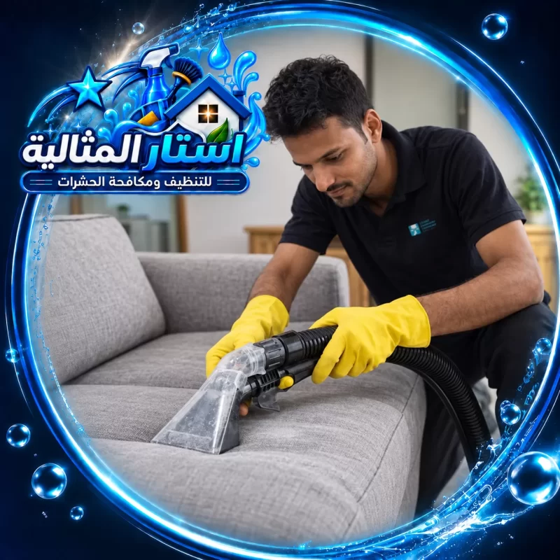عامل متخصص ينفذ تنظيف الكنب بالبخار لإزالة البقع والأوساخ والحفاظ على مظهر الأثاث ونظافته.