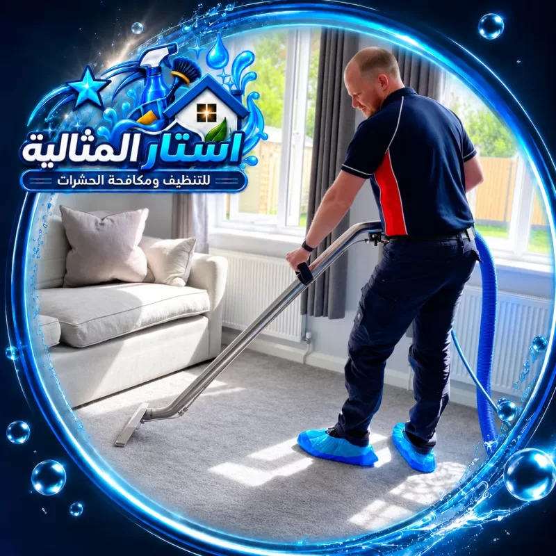 تنظيف سجاد المنزل باستخدام جهاز غسيل السجاد داخل غرفة المعيشة.