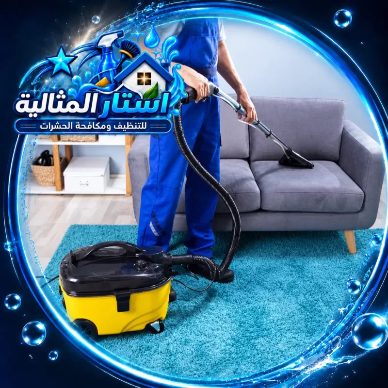 فني يستخدم معدات متخصصة لتنظيف الكنب والسجاد بالبخار وإزالة الأوساخ للحفاظ على نظافة الأثاث.