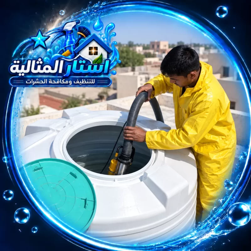فني ينفذ تنظيف خزانات بالجبيل باستخدام معدات شفط وتنظيف متخصصة للحفاظ على نقاء المياه.