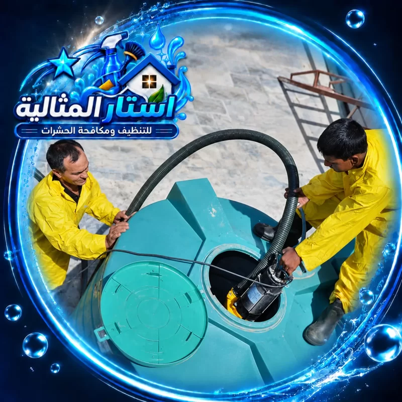 فنيان يفرغان خزان المياه باستخدام مضخة وخراطيم مخصصة ضمن أعمال تنظيف الخزانات وصيانتها بالخبر.
