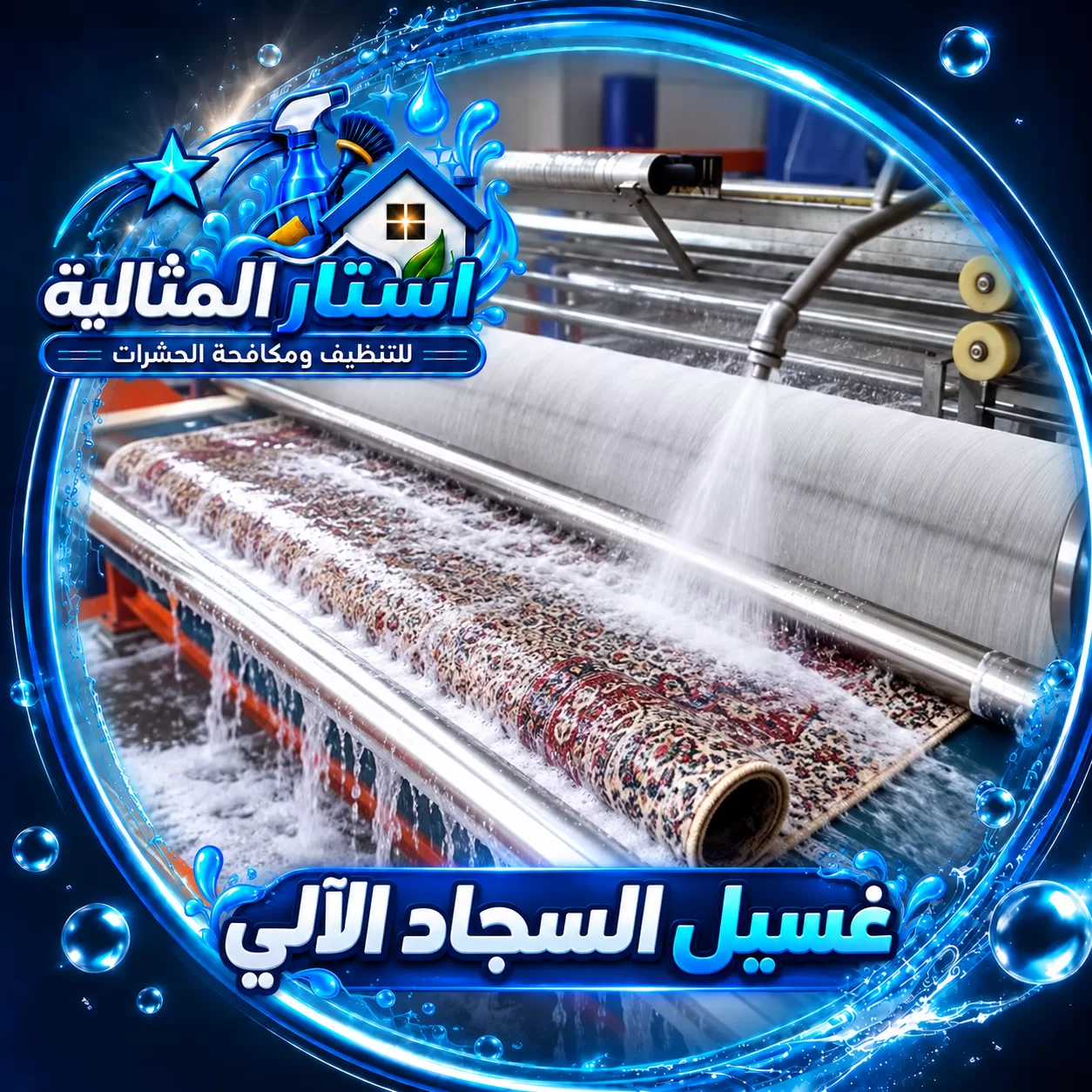 غسيل السجاد الآلي بأحدث التقنيات مع شعار استار المثالية لتنظيف وتعقيم السجاد بجودة عالية.