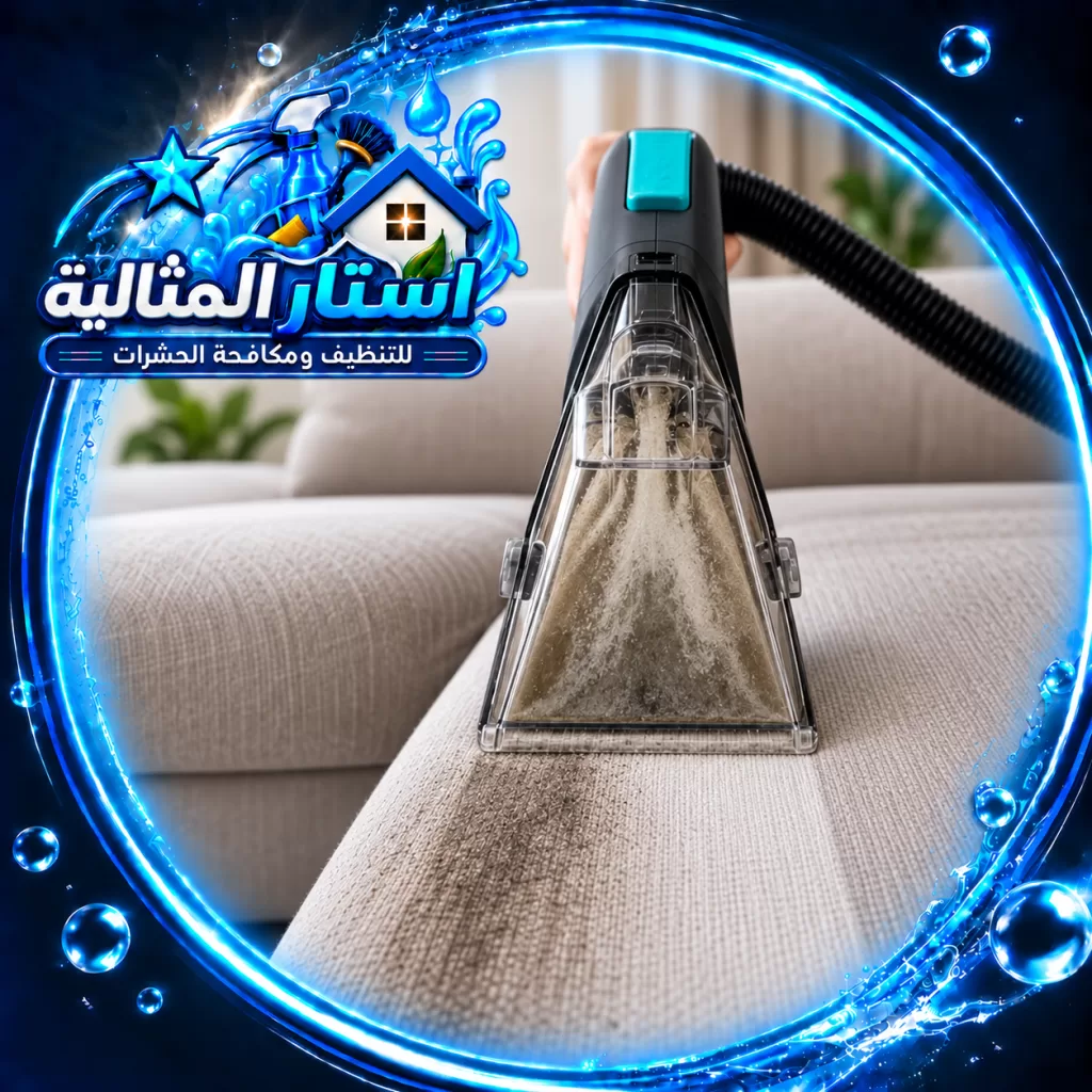 تنظيف كنب قماش في رأس تنورة باستخدام معدات متخصصة لإزالة الأوساخ والبقع والحفاظ على جودة القماش.