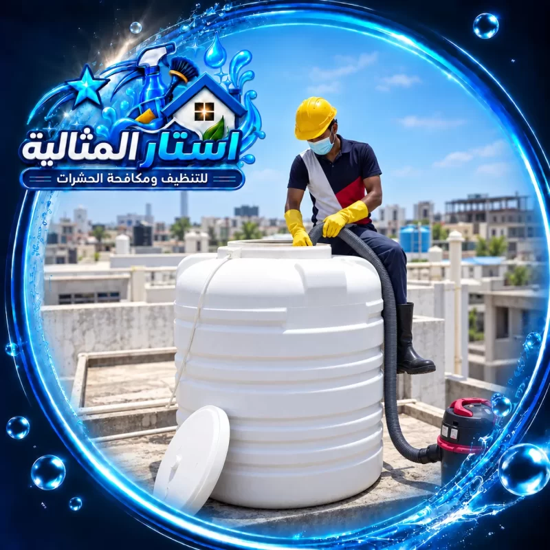 إزالة الأوساخ العالقة في الخزان بمعدات شفط مناسبة، للعناية بنظافته وتجهيزه للغسيل قبل تعبئته بالماء.
